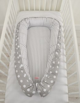 Bobono Kokon niemowlęcy dwustronny kojec otulacz Premium BOBONO- grochy na szarym/ paski szare