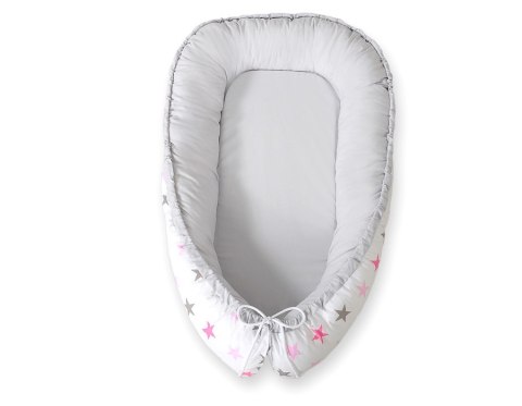 Bobono Kokon niemowlęcy dwustronny kojec otulacz Premium BOBONO- gwiazdy różowo-szare/szary