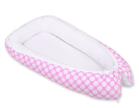 Bobono Kokon niemowlęcy dwustronny kojec otulacz Premium BOBONO- kółeczka różowe/biały