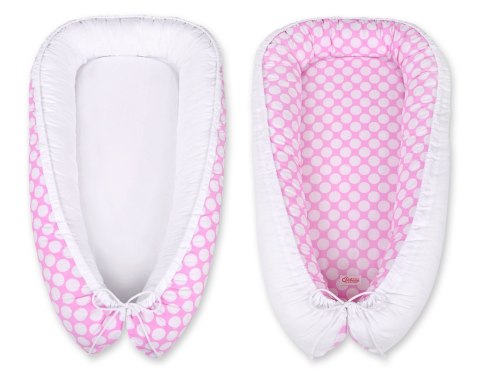 Bobono Kokon niemowlęcy dwustronny kojec otulacz Premium BOBONO- kółeczka różowe/biały