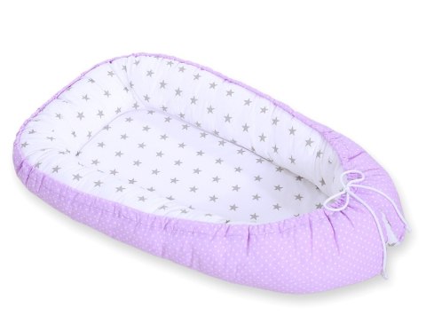 Bobono Kokon niemowlęcy dwustronny kojec otulacz Premium BOBONO- kropki na fiolecie/ gwiazdki szare