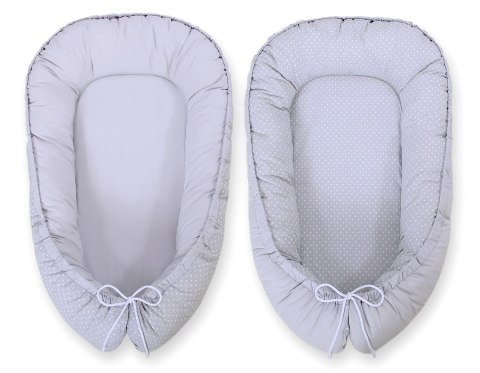 Bobono Kokon niemowlęcy dwustronny kojec otulacz Premium BOBONO- kropki na szarym/szary