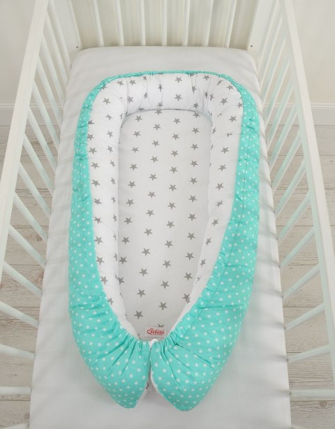 Bobono Kokon niemowlęcy dwustronny kojec otulacz Premium BOBONO- szare gwiazdki/ grochy na mięcie