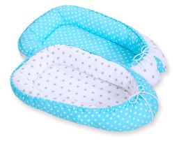 Bobono Kokon niemowlęcy dwustronny kojec otulacz Premium BOBONO- szare gwiazdki/ groszki na turkusie