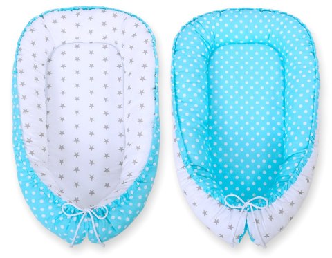 Bobono Kokon niemowlęcy dwustronny kojec otulacz Premium BOBONO- szare gwiazdki/ groszki na turkusie