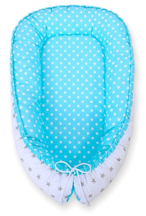 Bobono Kokon niemowlęcy dwustronny kojec otulacz Premium BOBONO- szare gwiazdki/ groszki na turkusie