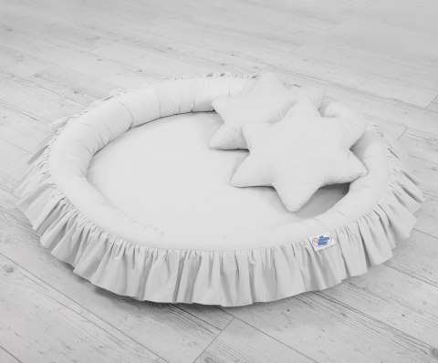 My Sweet Baby Zestaw: baldachim wiszący do pokoju dziecięcego, gniazdko z falbanką, poduszki - szary