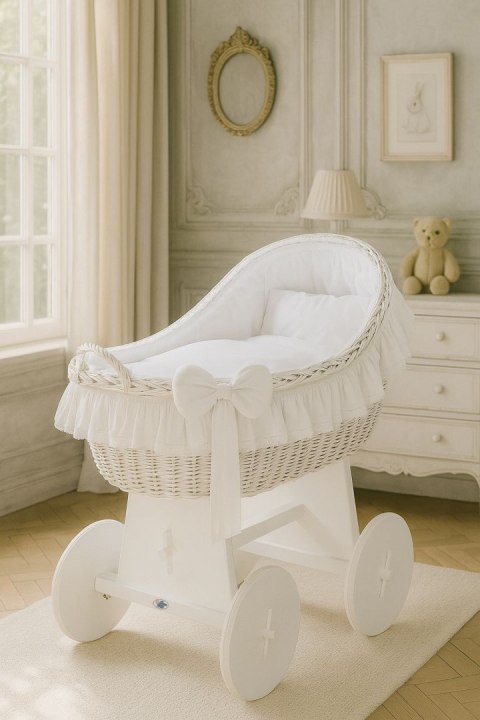My Sweet Baby Wiklinowy kosz Mojżesza z budką wiklinową Carina biały + biała pościel