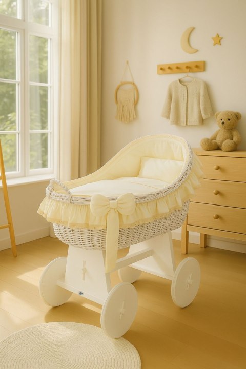 My Sweet Baby Wiklinowy kosz Mojżesza z budką wiklinową Carina biały + kremowa pościel