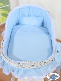 My Sweet Baby Wiklinowy kosz Mojżesza z budką wiklinową Carina biały + niebieska pościel