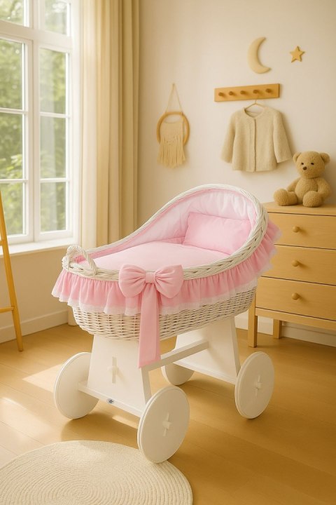 My Sweet Baby Wiklinowy kosz Mojżesza z budką wiklinową Carina biały + różowa pościel