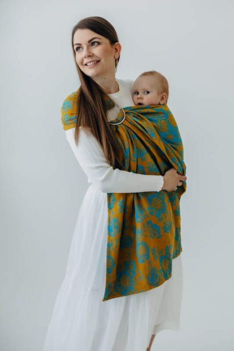 Żakardowa chusta kółkowa do noszenia dzieci, (100% bawełna), ramię bez zakładek - RETRO'N'ROSES - ROSARIUM - standard 1.8m