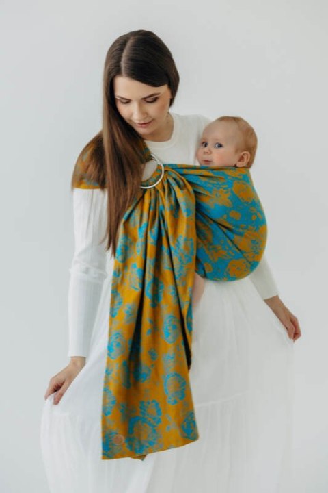 Żakardowa chusta kółkowa do noszenia dzieci, (100% bawełna), ramię bez zakładek - RETRO'N'ROSES - ROSARIUM - standard 1.8m