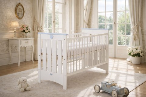 My Sweet Baby Drewniane łóżeczko dla niemowląt 120x60cm Lorenzo III biało-niebieskie, z osłonkami gryzakami