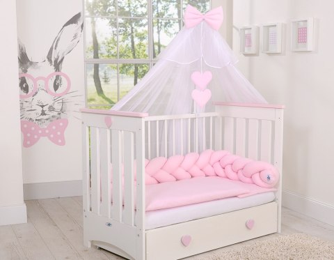 My Sweet Baby Drewniane łóżeczko dla niemowląt 120x60cm Lorenzo III biało-różowe, z osłonkami gryzakami