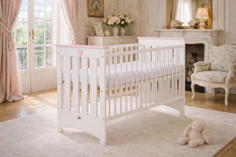 My Sweet Baby Drewniane łóżeczko dla niemowląt 120x60cm Lorenzo III biało-różowe, z osłonkami gryzakami