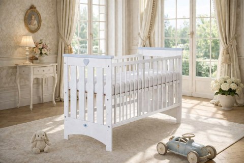My Sweet Baby Drewniane łóżeczko dla niemowląt 120x60cm Lorenzo III biało-szare, z osłonkami gryzakami