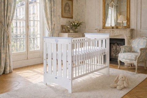 My Sweet Baby Drewniane łóżeczko dla niemowląt 120x60cm Lorenzo III biało-szare, z osłonkami gryzakami