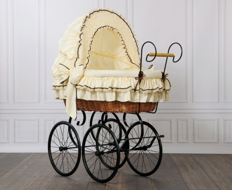 My Sweet Baby Luxury Wiklinowy kosz Mojżesza Retro ze składaną budką Emma - naturalny + kremowa pościel z koronką