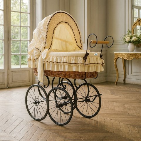 My Sweet Baby Luxury Wiklinowy kosz Mojżesza Retro ze składaną budką Emma - naturalny + kremowa pościel z koronką