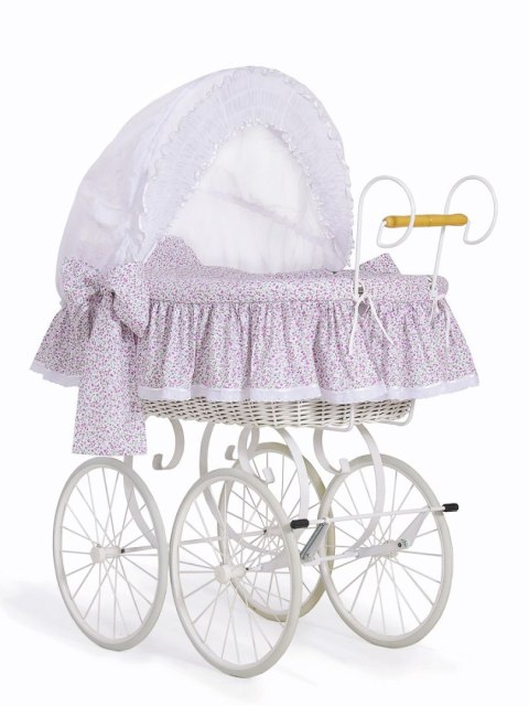My Sweet Baby Luxury Wiklinowy kosz Mojżesza Retro ze składaną budką Jasmine - biały + różowa pościel z koronką