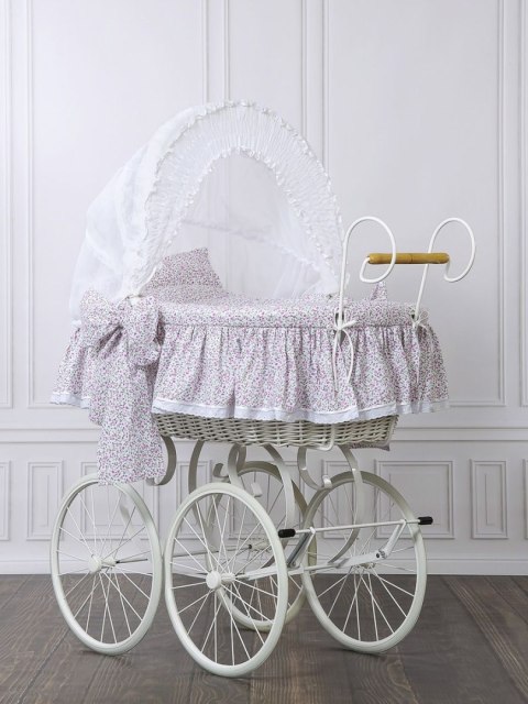 My Sweet Baby Luxury Wiklinowy kosz Mojżesza Retro ze składaną budką Jasmine - biały + różowa pościel z koronką