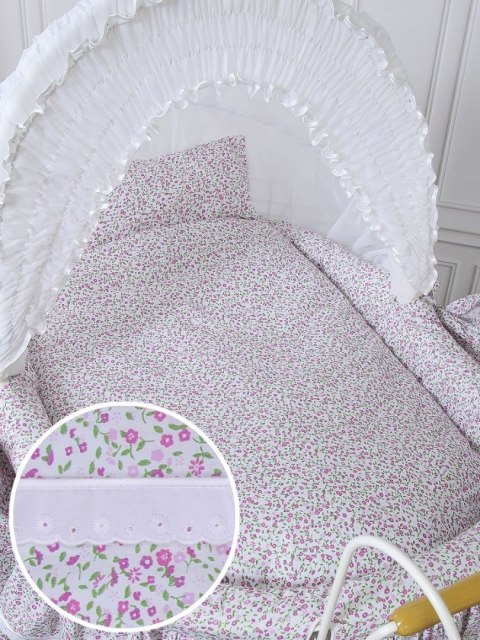 My Sweet Baby Luxury Wiklinowy kosz Mojżesza Retro ze składaną budką Jasmine - biały + różowa pościel z koronką