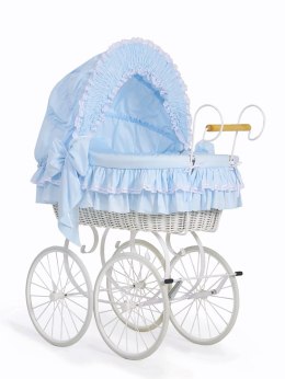 My Sweet Baby Luxury Wiklinowy kosz Mojżesza Retro ze składaną budką Victoria - biały + niebieska pościel z koronką