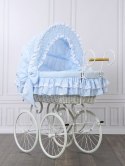 My Sweet Baby Luxury Wiklinowy kosz Mojżesza Retro ze składaną budką Victoria - biały + niebieska pościel z koronką