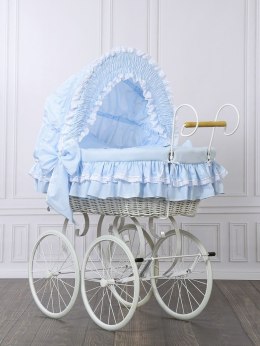 My Sweet Baby Luxury Wiklinowy kosz Mojżesza Retro ze składaną budką Victoria - biały + niebieska pościel z koronką