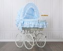 My Sweet Baby Luxury Wiklinowy kosz Mojżesza Retro ze składaną budką Victoria - biały + niebieska pościel z koronką