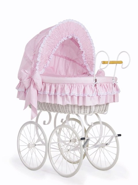 My Sweet Baby Luxury Wiklinowy kosz Mojżesza Retro ze składaną budką Victoria - biały + różowa pościel z koronką