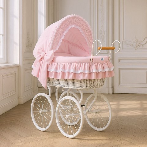 My Sweet Baby Luxury Wiklinowy kosz Mojżesza Retro ze składaną budką Victoria - biały + różowa pościel z koronką