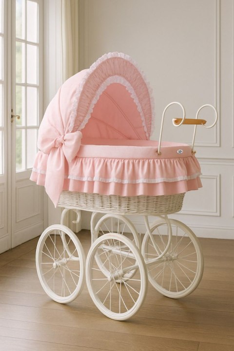My Sweet Baby Luxury Wiklinowy kosz Mojżesza Retro ze składaną budką Victoria - biały + różowa pościel z koronką