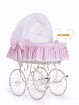 My Sweet Baby Wiklinowy kosz Mojżesza Retro ze składaną budką Christine - biały + różowa pościel z koronką