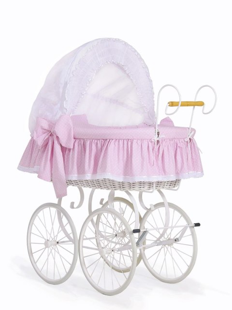 My Sweet Baby Wiklinowy kosz Mojżesza Retro ze składaną budką Christine - biały + różowa pościel z koronką