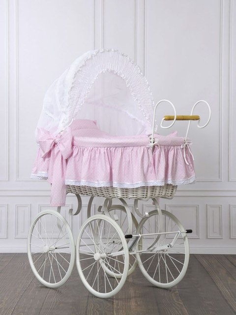 My Sweet Baby Wiklinowy kosz Mojżesza Retro ze składaną budką Christine - biały + różowa pościel z koronką