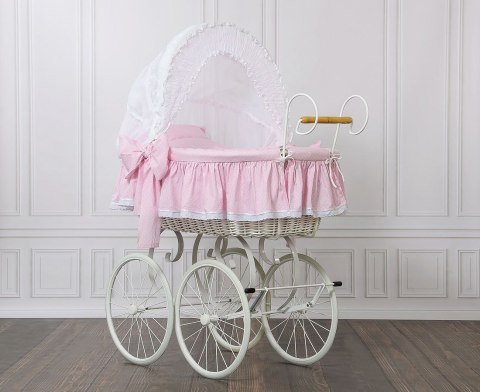My Sweet Baby Wiklinowy kosz Mojżesza Retro ze składaną budką Christine - biały + różowa pościel z koronką