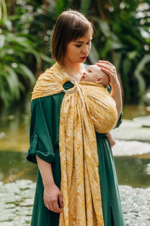 Żakardowa chusta kółkowa do noszenia dzieci, 100% wiskoza bambusowa, ramię bez zakładek - WOLNY DUCH - AURUM - standard 1.8m