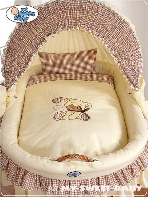 My Sweet Baby Kosz Mojżesza z budą- Miś z kokardką naturalny + kremowo-brązowo pościel z haftem