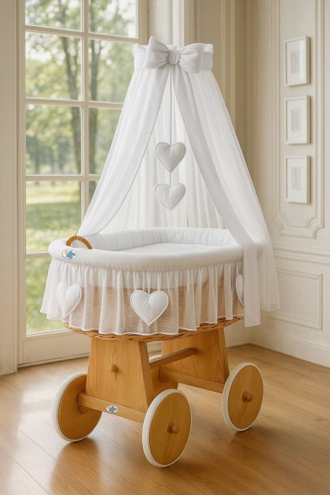 My Sweet Baby Wiklinowy kosz Mojżesza z baldachimem Amelia - naturalny + biała pościel