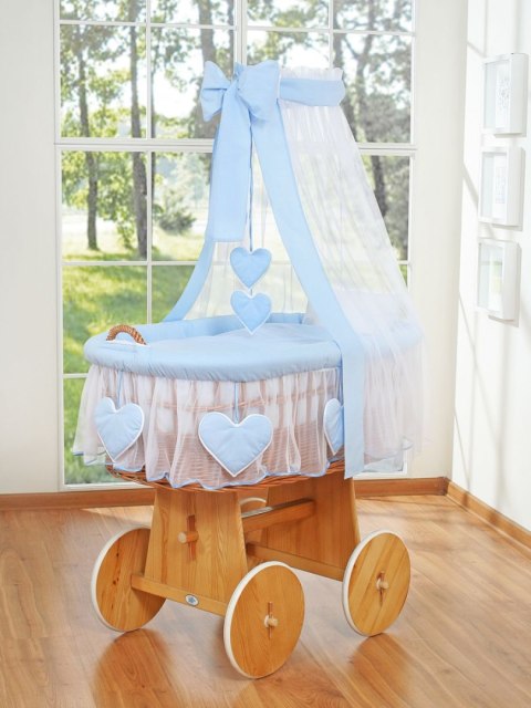 My Sweet Baby Wiklinowy kosz Mojżesza z baldachimem Amelia - naturalny + niebieska pościel
