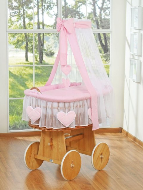 My Sweet Baby Wiklinowy kosz Mojżesza z baldachimem Amelia - naturalny + różowa pościel
