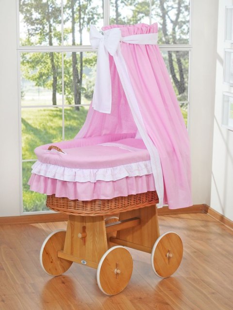My Sweet Baby Wiklinowy kosz Mojżesza z baldachimem Bellamy - naturalny + różowa pościel