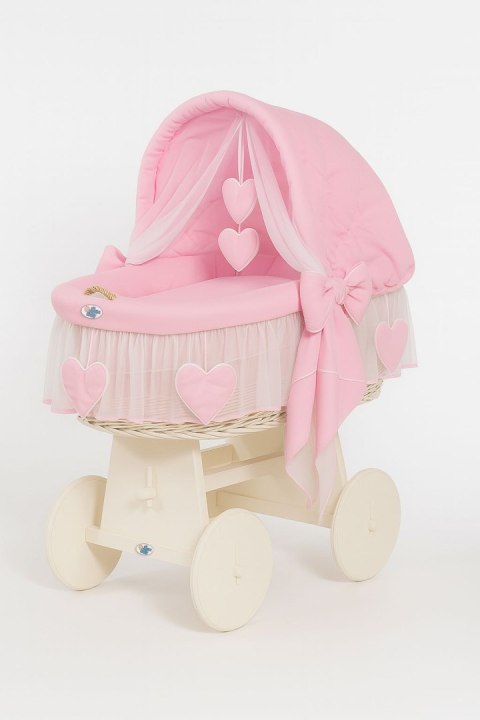 My Sweet Baby Wiklinowy kosz Mojżesza ze składaną budką Amelia - biały + różowa pościel