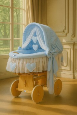 My Sweet Baby Wiklinowy kosz Mojżesza ze składaną budką Amelia - naturalny + niebieska pościel