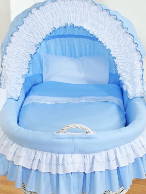 My Sweet Baby Wiklinowy kosz Mojżesza ze składaną budką Bellamy - biały + niebieska pościel