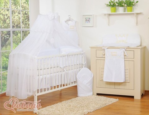 Bobono Duża moskitiera do łóżeczka dziecięcego z białego szyfonu z kółeczkami i kokardką - białe zawieszki
