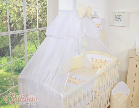 Bobono Duża moskitiera do łóżeczka dziecięcego z białego szyfonu z kółeczkami i kokardką -kremowe zawieszki