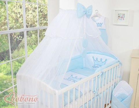 Bobono Duża moskitiera do łóżeczka dziecięcego z białego szyfonu z kółeczkami i kokardką - niebieskie